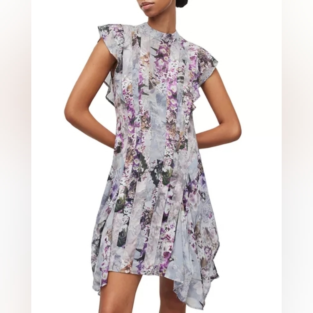 ALL SAINTS Fleur Lucia Asymmetrical Mock Neck A-line Gray Purple Dress Size 2 - Picture 3 of 16